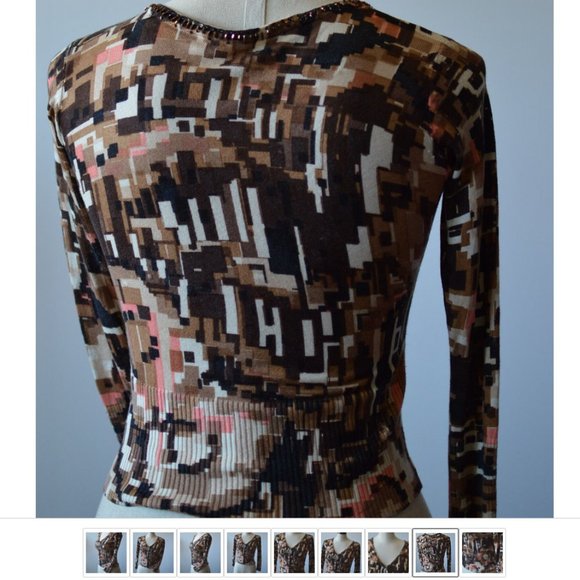 Women Cropped Blouse Cashmere|Silk Long Sleeve Geometric V Neck - Picture 5 of 7